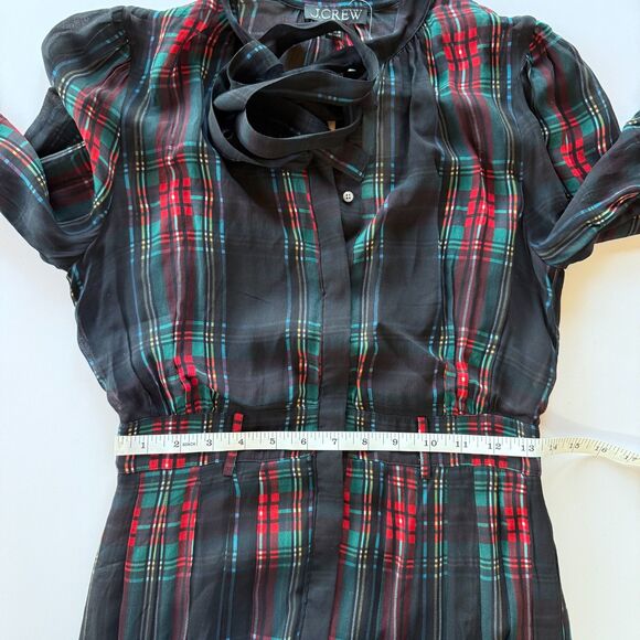 NWT J.Crew Tie-Neck Dress in Stewart Tartan Viscose Chiffon Black Red Green XS - Picture 14 of 15